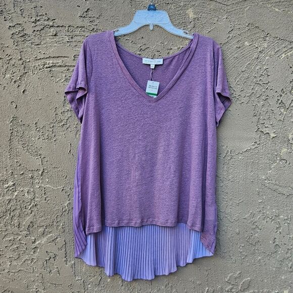 Penelope Rose Purple Garnet Pleated Ombre Back V-neck Short Sleeve Top - Picture 2 of 12